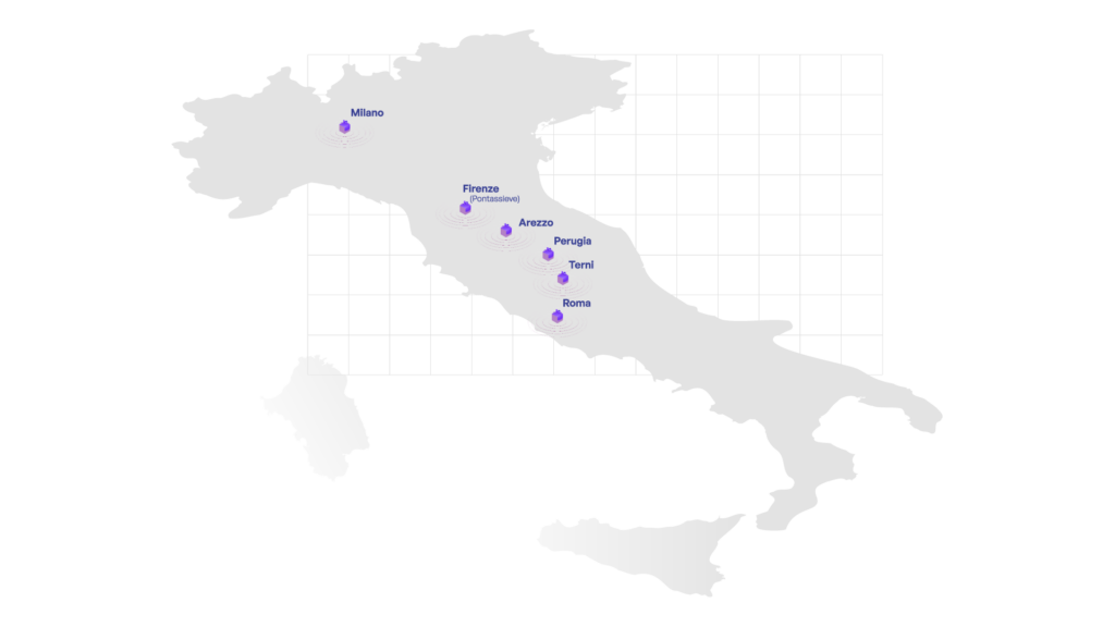 Mappa dell'Italia con indicatori viola che segnano le sedi di Metriks nelle città di Milano, Firenze (Pontassieve), Arezzo, Perugia, Terni e Roma