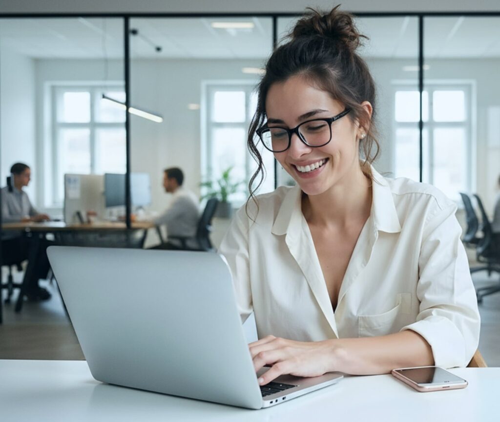 Professionista sorridente al laptop in ufficio
